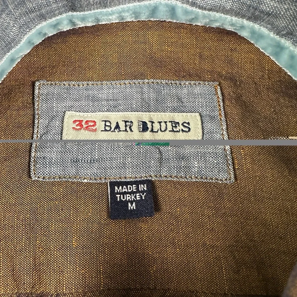 32 Bar Blue Button Up Shirt Men's Medium Metallic Copper Bronze Cotton Linen - Picture 11 of 16